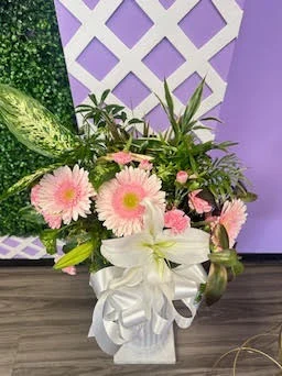 Pink gerbera daisies, white lily and greenery in a white ceramic vase with a large white satin bow, against the boxwood backdrop